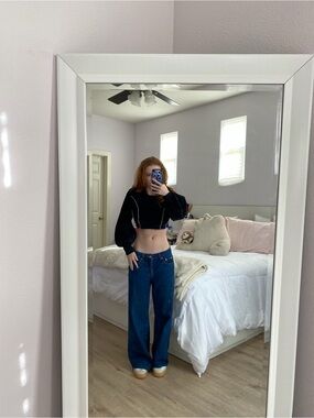 Urban Outfitters Black Cropped Hoodie with White Stitching